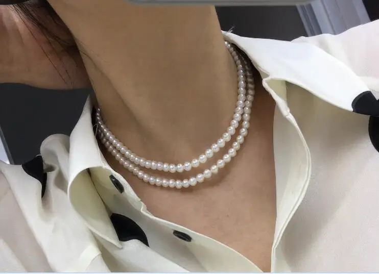 

2 strands 6mm bright white real Pearl Handmade necklace natural Freshwater PEARL Women Jewelry 17'' 43cm 35cm