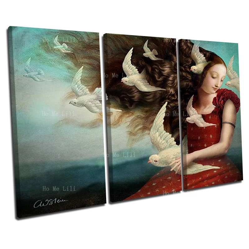 Surrealist Painting Pigeons Surround The Girl In Red Skirt Canvas Wall Art For Living Room Bedroom Decor