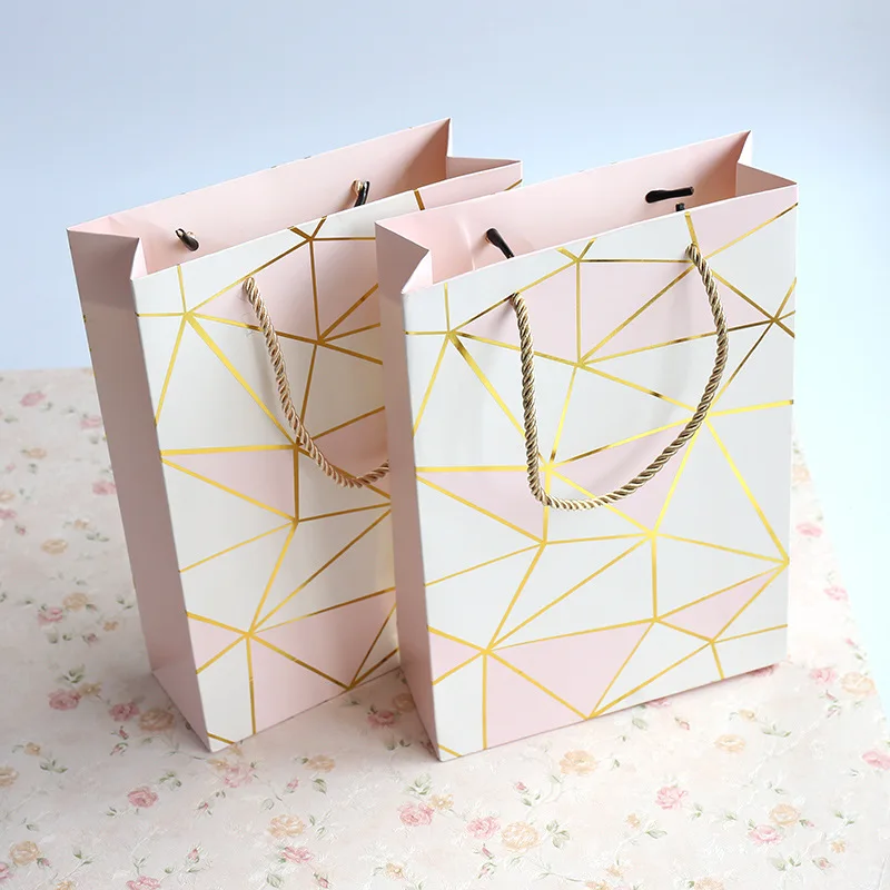 Pink Geometric Paper Gift Bag with Handle Valentine's Day Wedding Birthday Party Packing Hand Bags WB851