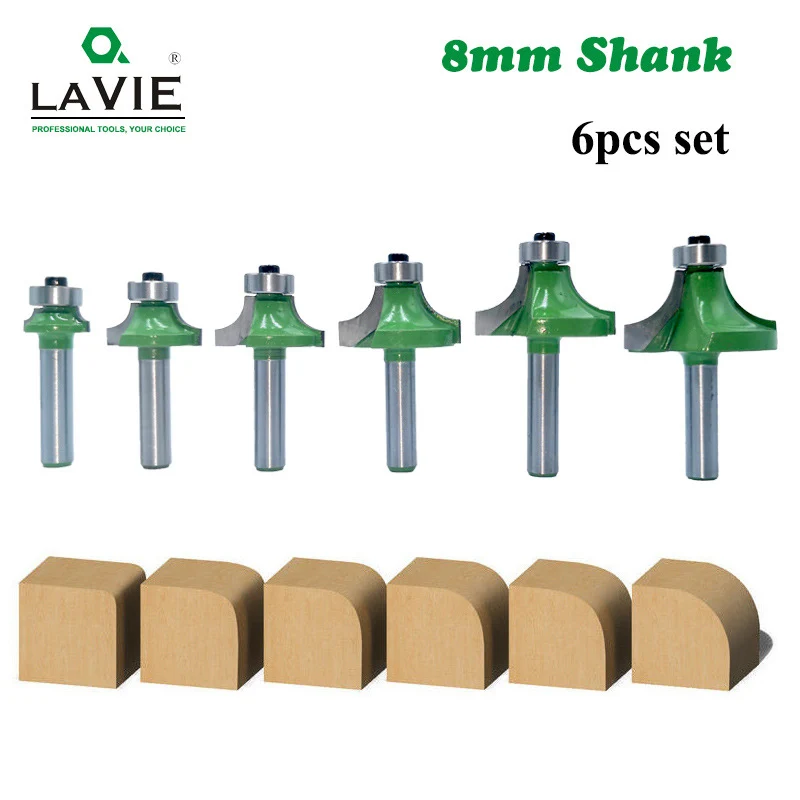 LAVIE 6pcs 8mm Corner Round Over Router Bit With Bearing Milling Cutter For Wood Woodworking Tool Tungsten Carbide MC02048