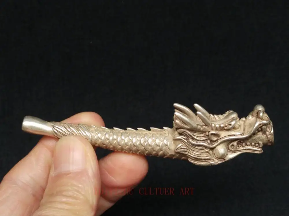 YIZHU CULTUER ART Collection Ancient China Tibet Silver Carving Force Dragon Tobacco Pipe Decoration