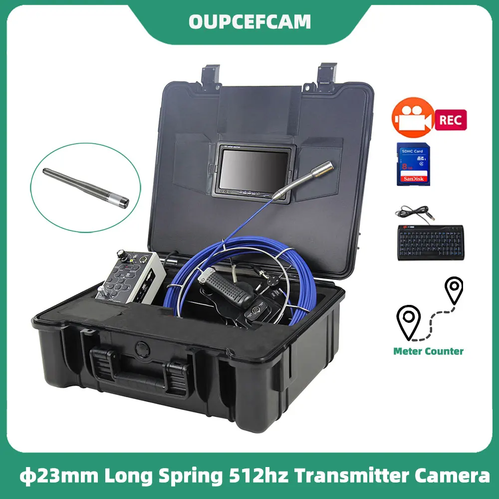 

φ23mm Long Spring Camera 512hz Transmitter Drain Pipe Sewer Inspection Endoscope 7" Screen DVR Keyboard Meter Counter Black Case