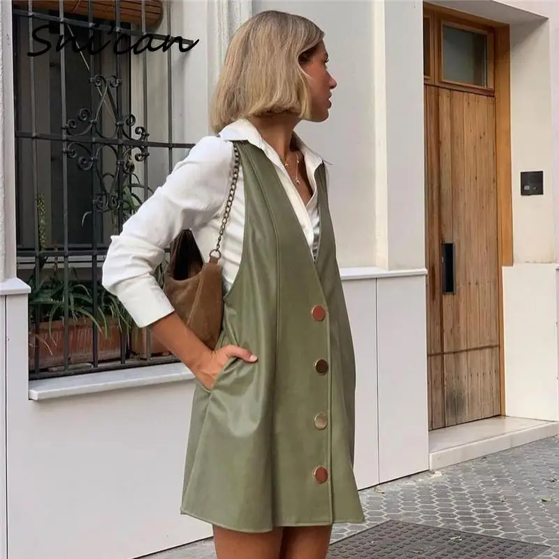 Faux Leather Dress Women V Neck Sleeveness Single Button Mini Dresses Solid Fashion Office Ladies Autumn Spring Robe Femme 2022