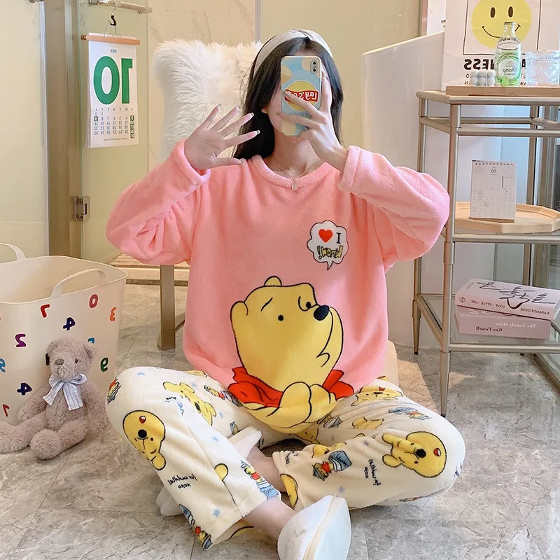 Pajamas Women Mickey Donald Duck Cute Thickened Flannel Winter Cartoon Long-Sleeved Home Service Suit