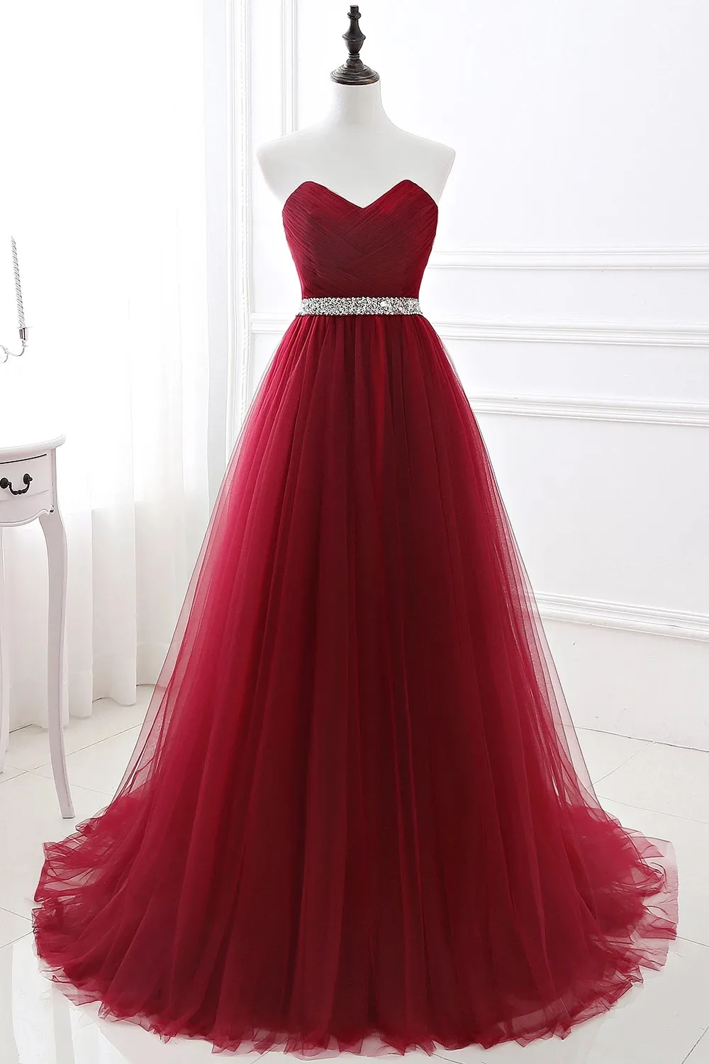 In Stock Burgundy Tulle Evening Dresses For Women Lace-up Party Sexy Sleeveless Prom Gowns Women Green Royal Vestido de Festa