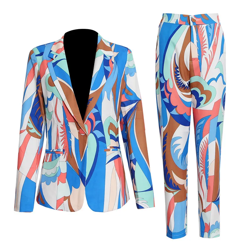 2021 Fashion Spring Autumn Pant Suits Long Sleeve V-Neck Sexy Blouse Trousers Printing Two Pieces Suit Sets