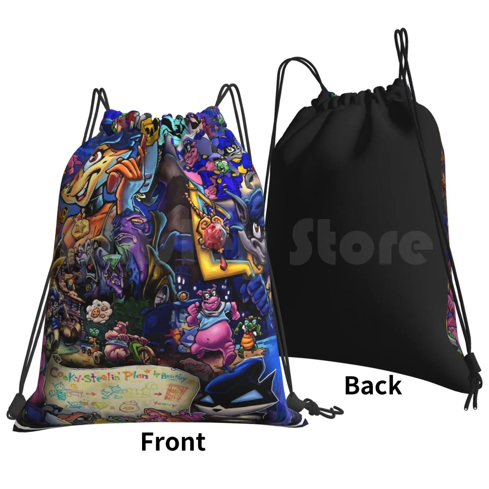 Comic Collage Sly Cooper Backpack Drawstring Bags Gym Bag Waterproof Slycooper Sly Cooper Raccoon Fox Turtle Hippo Comic