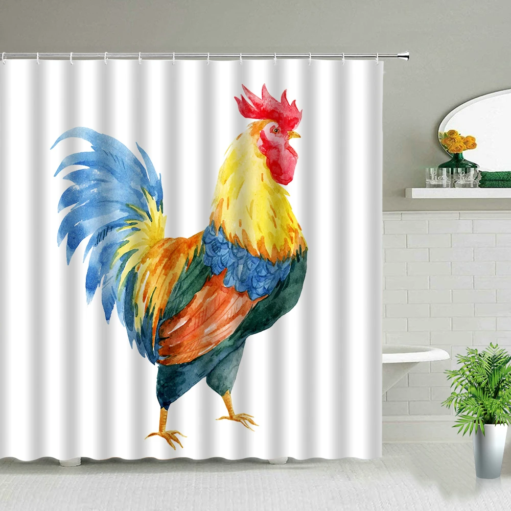 Farm Animal Chick Rooster Chicken Cartoon Retro Illustration Shower Curtains Bathtub Decoration Bathroom Decor Cloth Curtain Set