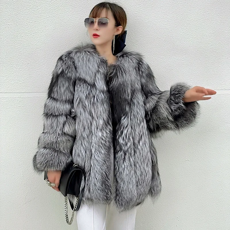 Silver Fox Fur Hooded Coats Women Winter Warm Outerwear High Quality Genuine Fox Fur Thick Fur Coat 2022 New