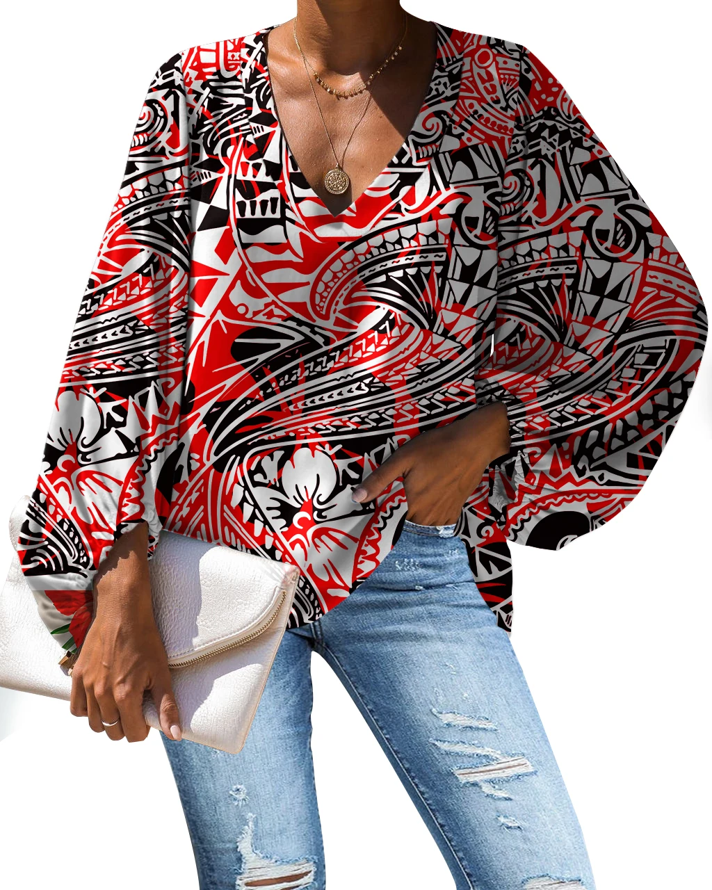 

POD Polynesian Traditional Tribal Print Chiffon Elegant Women Custom Printed Chiffon Shirts Long Sleeve Woman