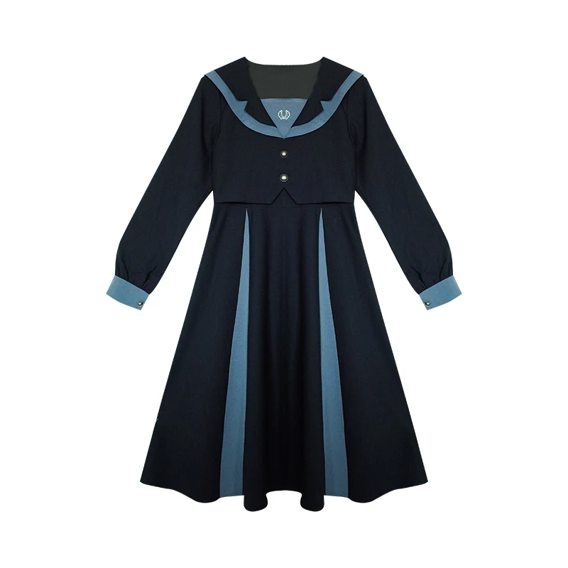 Blue jk stitching navy collar dress long college style  retro sailor collar falbala high waist victorian dress kawaii girl