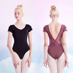 Ballet Leotards Adult Dance Ballet V Back Lace Splice Gymnastics Leotard Ladies Short Sleeve Ballet Leotards Yoga Bodysuit