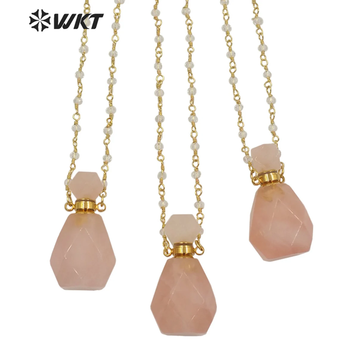 

WT-N1269 New Arrival Stone Bottle Necklace Trendy Faceted Water Drop Pink Quartz Perfume Bottle Necklace Lady Birthday Gift