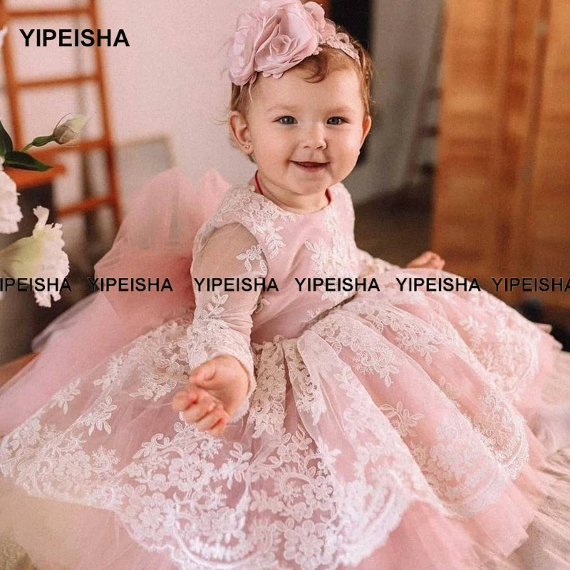 Yipeisha vestido de primeira comunhão com flores rosas, vestidos para meninas, com manga longa, renda para baile de primeira comunhão, vestido infantil