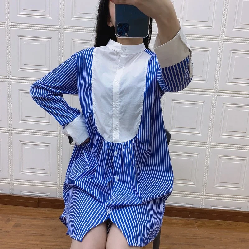 

New 2022 O-Neck Splice Striped Shirt Dress Female Sweet Blue Single Breasted Long Sleeve Dress Spring Summer Irregular Dress