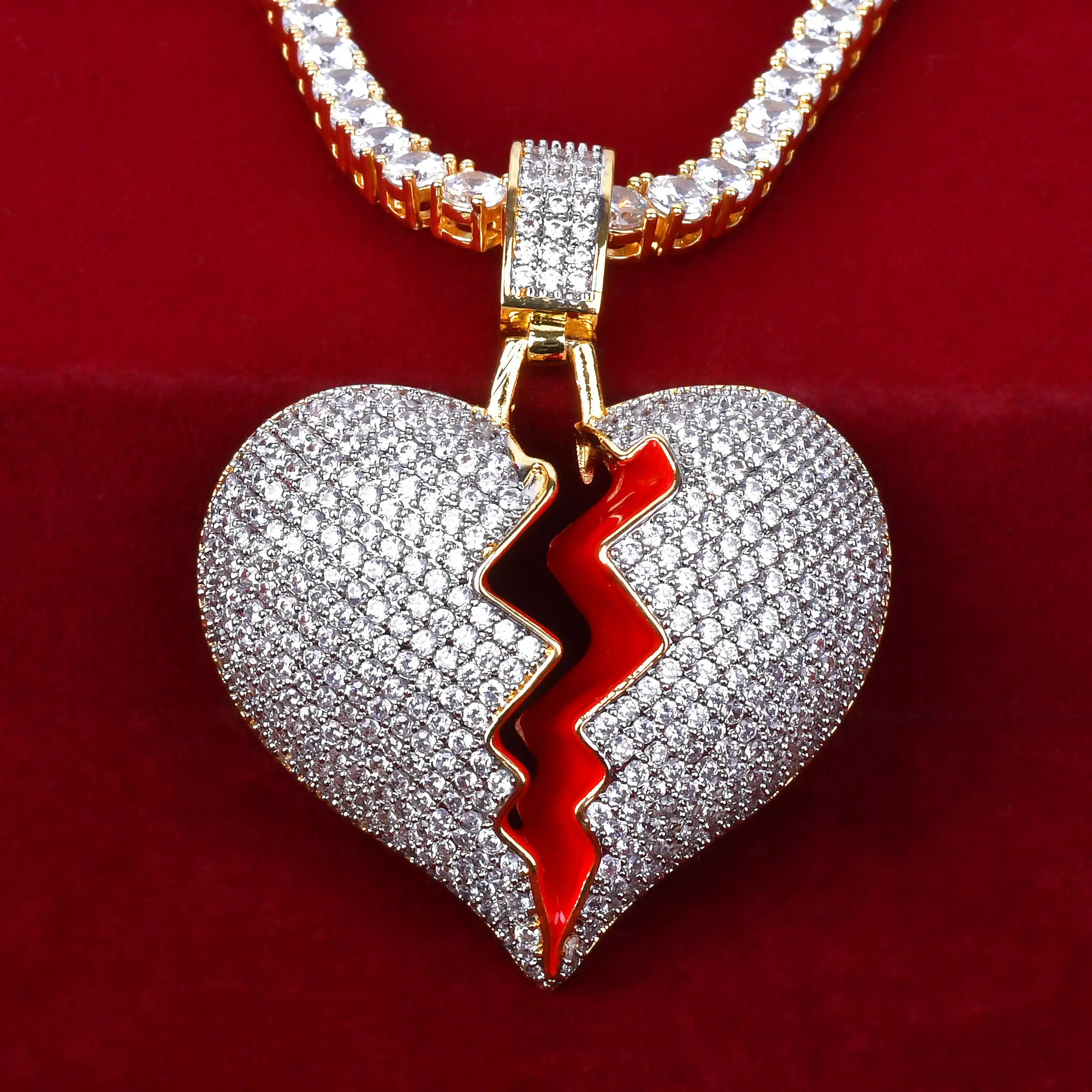 Broken Heart Pedant Necklace For Women Real Gold Plated Hip Hop Jewelry