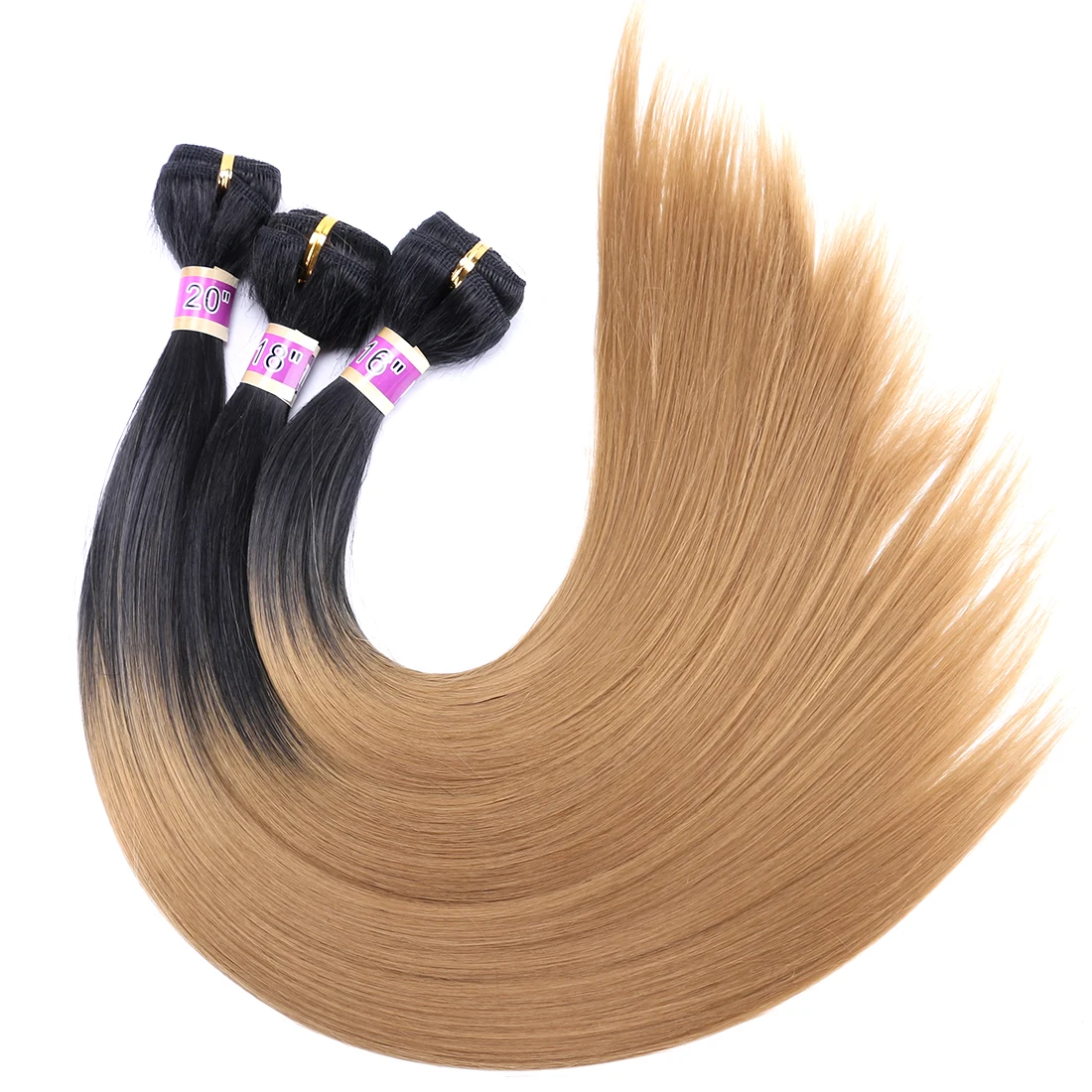 Sliky Stright Ombre Golden Brown Blonde Burgundy Hair Bundles Fiber Hair Weave 16-20 Inches Synthetic Hair Extensions