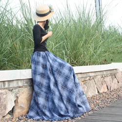 Free Shipping 2021 New Fashion Spring Long Maxi Cotton Skirts Plaid Printed Blue Elastic Waist Autumn A-line Ladies Plus Size