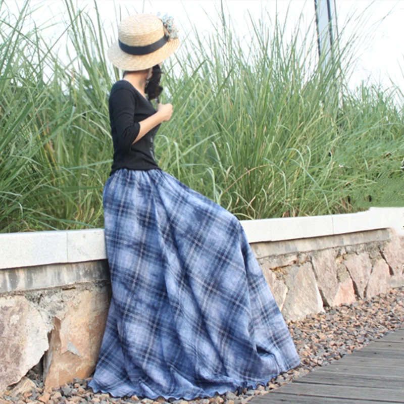 TIYIHAILEY Spring Summer Long Maxi Cotton Skirts Plaid Printed Blue Elastic Waist Autumn A-line Ladies Plus Size Blue Big Hem