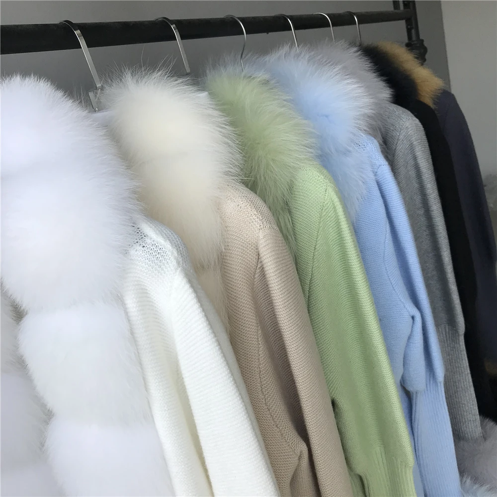 Jxwatcher Ladies Fur Sweater Women Real Fox Fur Short Sweater Bubble Sleeves Real Fox Fur Collar Wool Sweater Cardigan Jacket