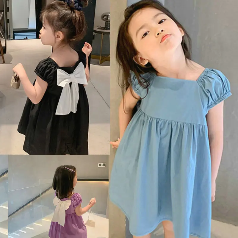 Summer Girls' Dress Bow Knot Square Collar Short Sleeve Sweet Princess Dress Korean Style Children'S Baby Kids Clothing For Girl