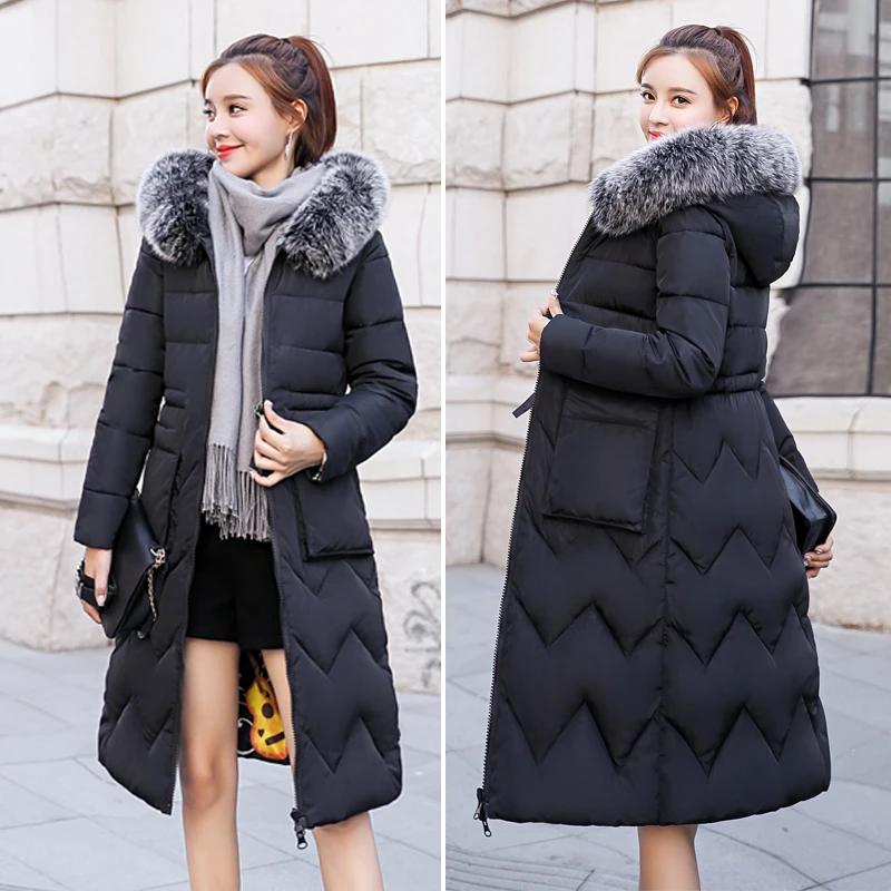 Women Winter Two Sides Jacket With Fur Hooded Long Cotton Padded Female Warm Coat Outwear Print Parka