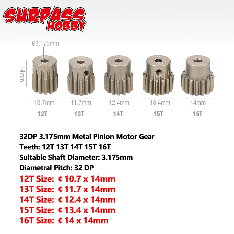 5PCS 32DP 48DP 64DP M0.6 3.175mm Metalen Aluminium Rondsel Motor Gear Set 12 T-50 T voor 1/10 RC Auto Vrachtwagen Buggy Auto