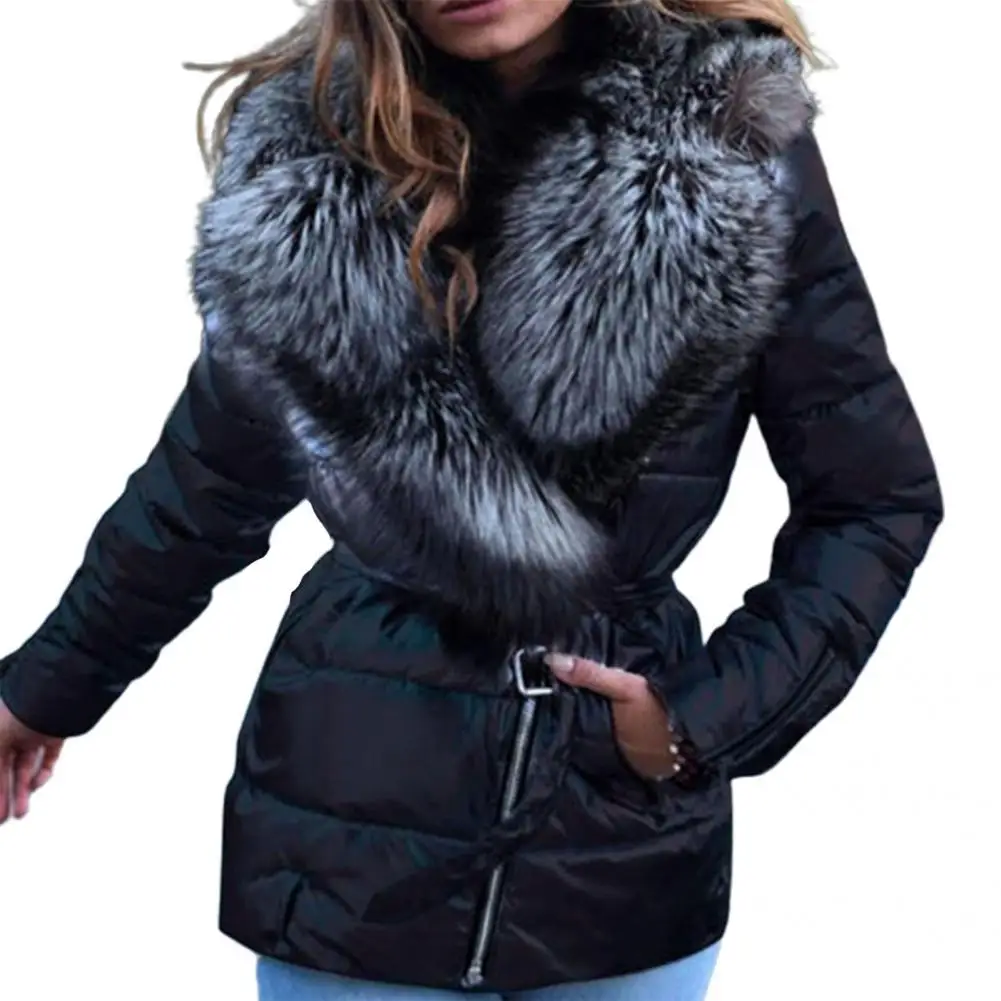 Casual Overcoat Bright Surface Women Jacket Skin-Touch Belt Great Faux Fur Collar Lady Puffer Cotton Coat