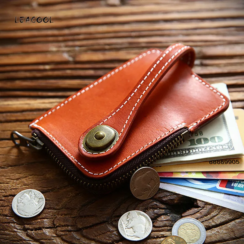 LEACOOL Genuine Leather Key Wallet Vintage Man Cowhide ID Card Holder Multi-function Zipper Coin Purse Car Keychain Cover