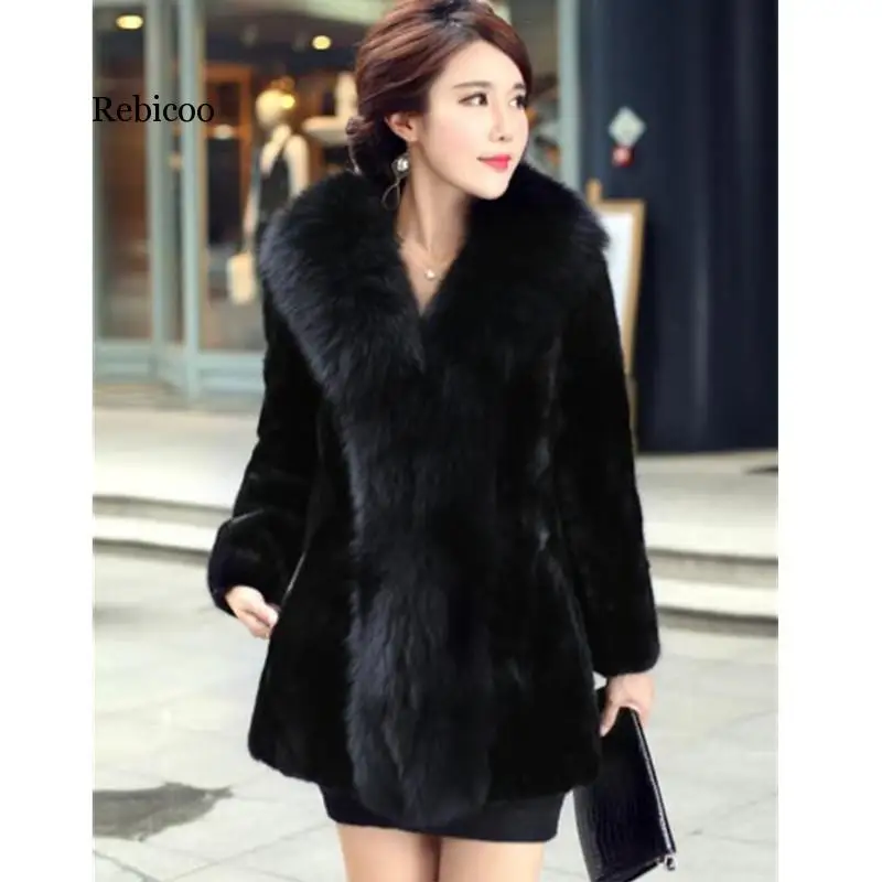 

5XL women fashion fur coat winter For women faux fox fur collar long jacket with sections for a rest mink coats