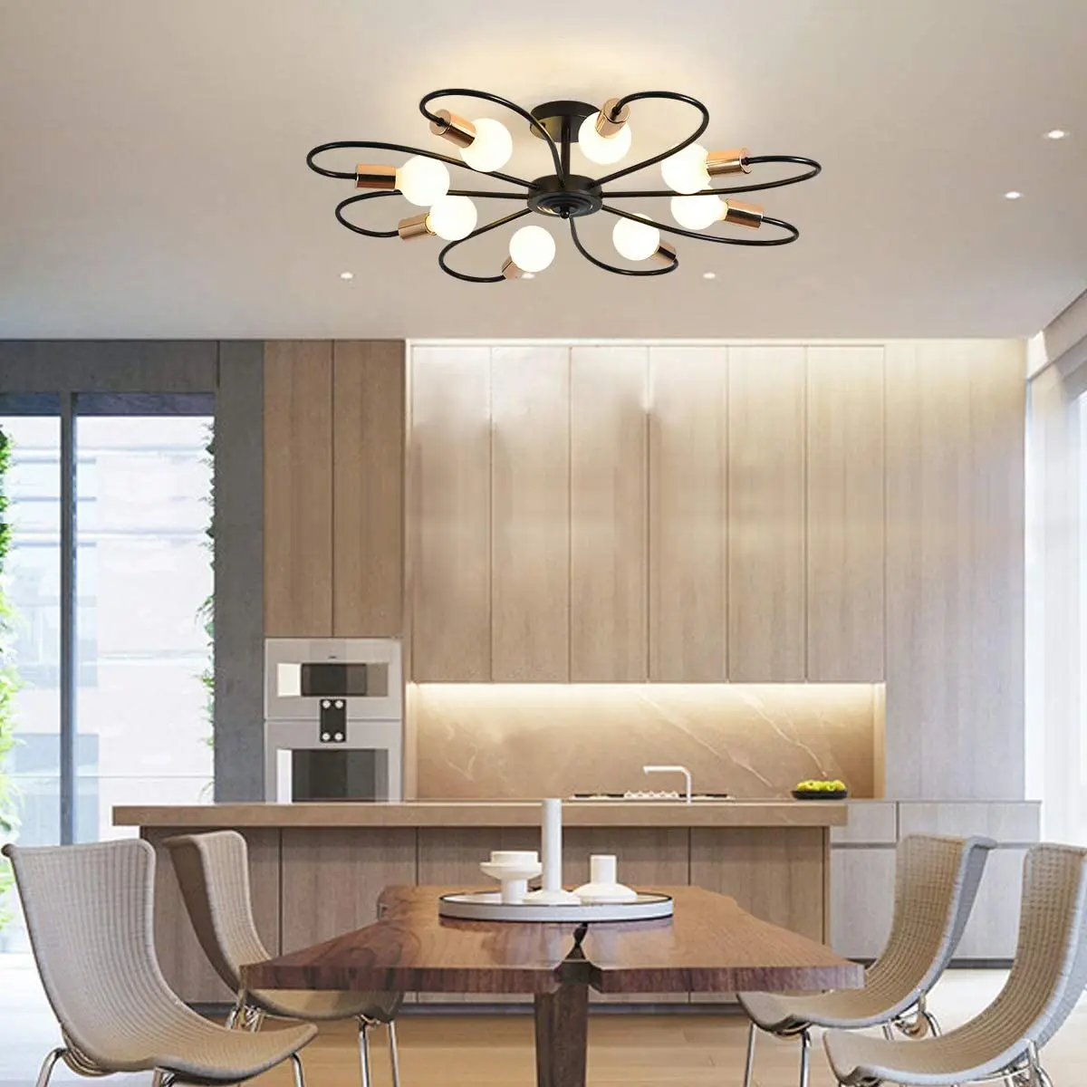 Ganeed lampu langit-langit 8 lampu Semi Flush, lampu gantung Modern Sputnik, lampu liontin logam Abad Pertengahan (hitam & Emas)