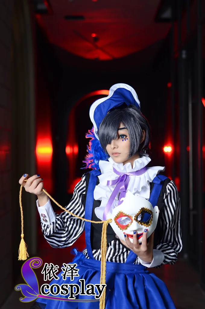 Ciel Phantomhive Ciel Cosplay Set Circus Costume Blue Overall Black 5 in1 shirt+waistcoat+shorts+hat+tie