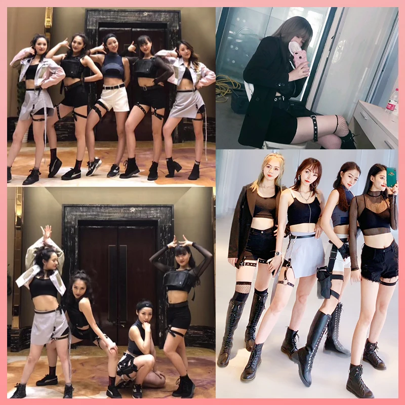 Colete curto k-pop preto hip-hop para mulheres, casacos de lapela, tops, minissaia de cintura alta, shorts finos, roupas femininas, grupo, show de palco