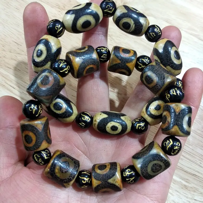 2 Piece Vintage Tibetan Dzi Bead Bangle Nature Vein 3 Eyes Bracelet Amulet Bless The Six Syllable Mantra Bead