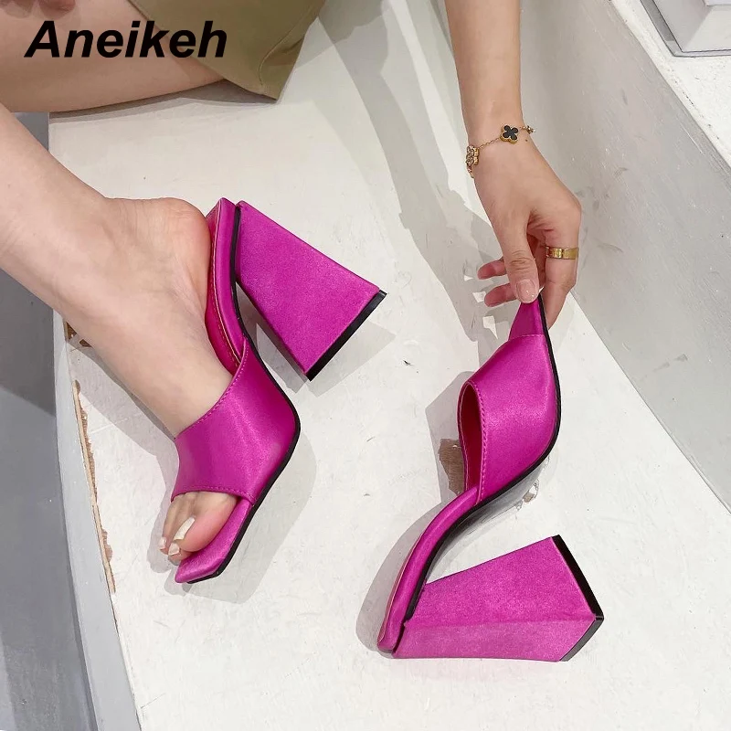 Aneikeh Women\'s Shoes Silky Wide Band Triangle High Transparent High Heel Comfortable Mules Concise Slip-On Outdoor Slippers 41