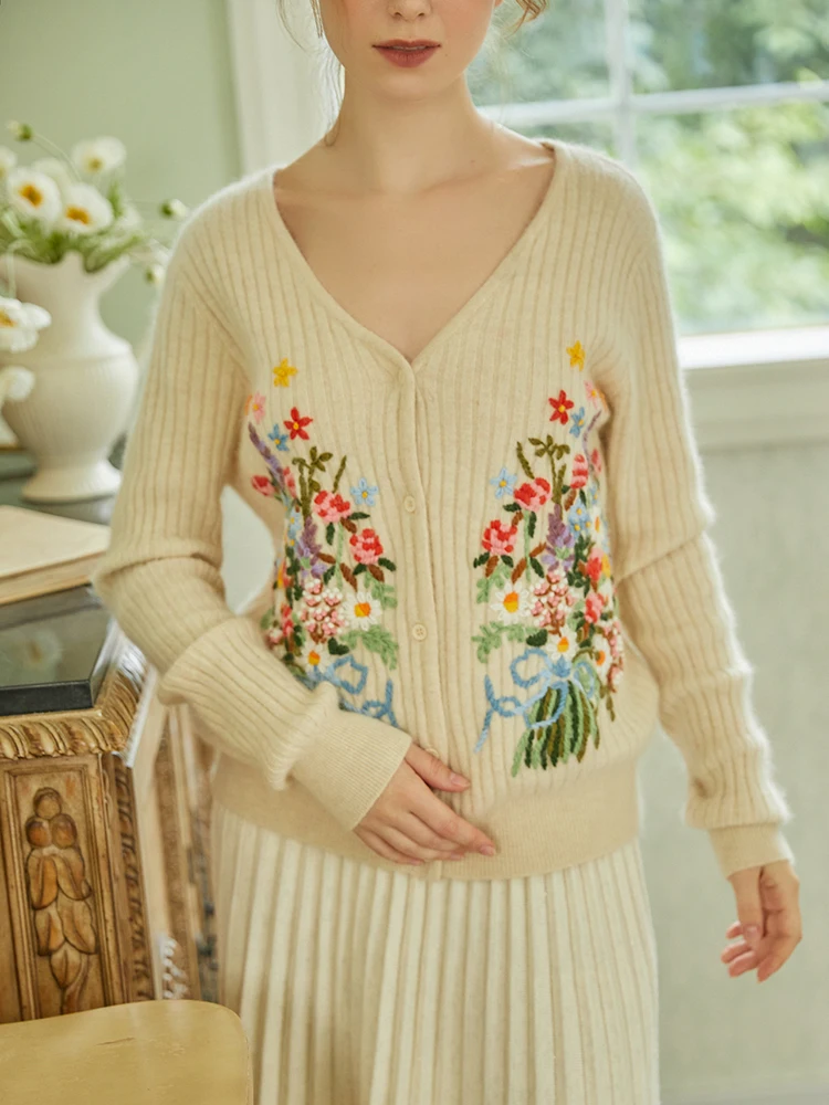 Cardigans Fall Winter Women Sweater Mori Girl Elegant Slim Handmade Embroidery Flowers Rabbit Hair Wool Knitted Cardigan Sweater