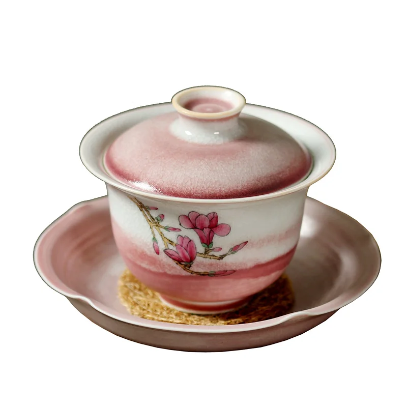 MuYan cherry powder to make tea tureen jingdezhen hand-painted magnolia bowl three household variable bowl cups