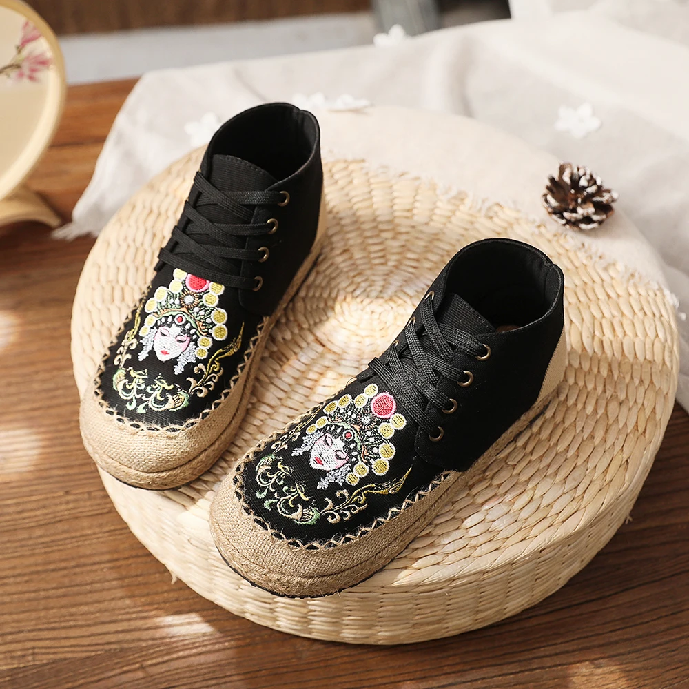 Veowalk Cartoon Embroidery Women Linen Cotton Lace Up Booties Autumn Boots Comfortable High Top Espadrilles Flat Sneakers Shoes