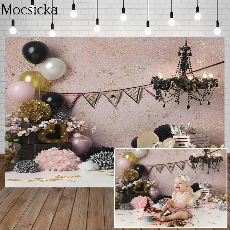 Newborn Kids Birthday Portrait Backdrop Child Cake Smash Valentine's Day Photography Background Balloon Flower Deco Photo Studio