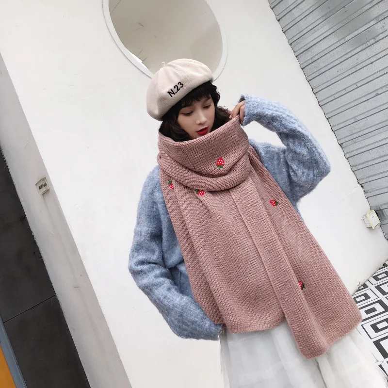 Scarf Female Winter Korean Students All-Match Thick Knit Long  Warm Harajuku Small Fresh Wool Women Scarves Simple Bufanda