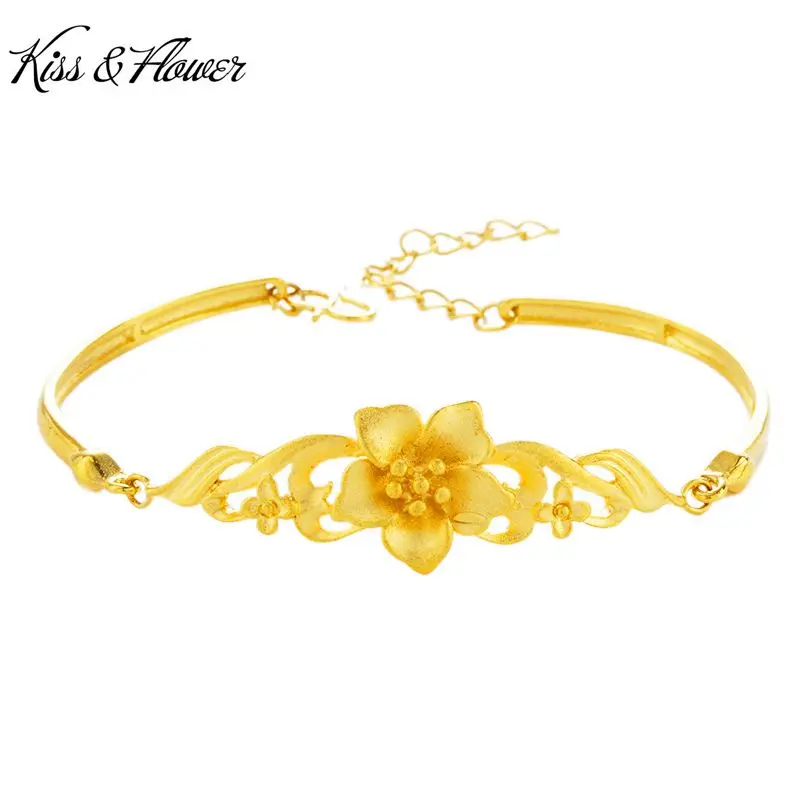 

KISS&FLOWER BR188 Fine Jewelry Wholesale Fashion Woman Girl Birthday Wedding Gift Peacock Flowers 24KT Gold Bracelet Bangle