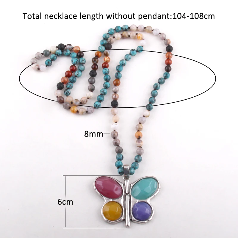 New ! 108 Beads Mala Multi Stone Knotted Butterfly Charm Pendant Necklace Women Meditation Yoga Necklace