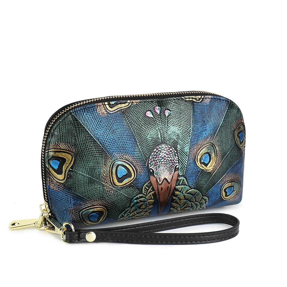 Luxury Women Wallets Exquisite Peacock Embossing Day Clucthes Genuine Leather Female Multifunction Organizer Purse Money Bag