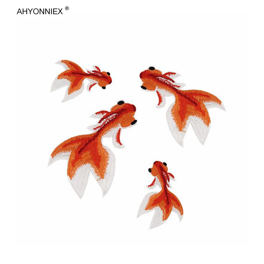 1 Piece Goldfish Embroidered Patch For Clothes Iron On Garment Applique DIY Accessory Party Decor Animal Fish Sticker