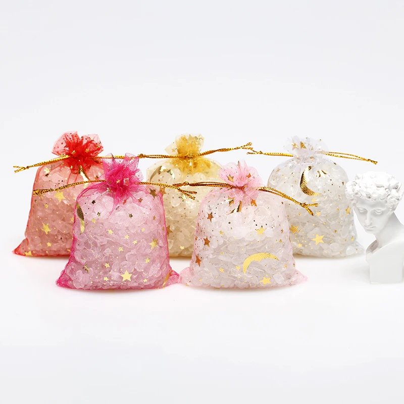 50 Uds. Bolsas de joyería con elementos de gasa transparente de Organza con diseño de estrellas y luna, bolsas de regalo de boda de tela de tul, bolsita de regalo de Organza