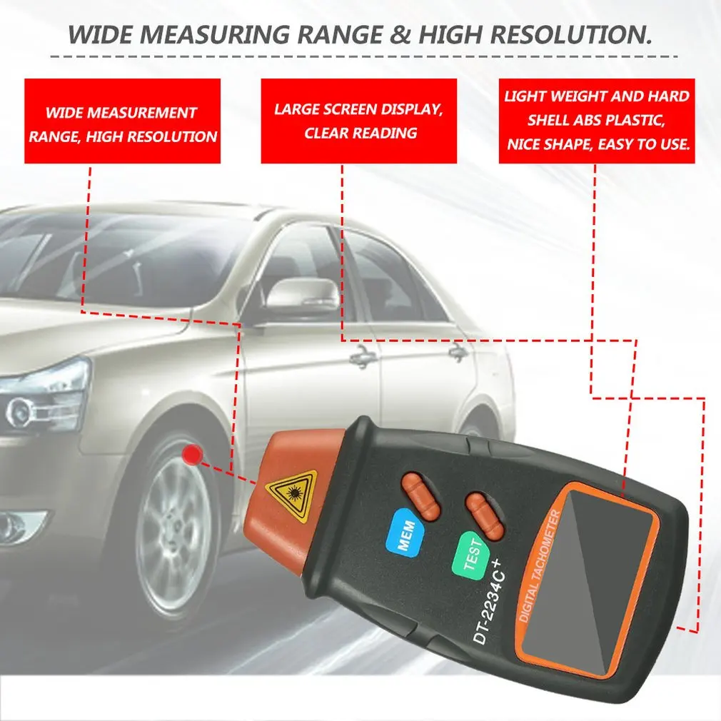 Digital Laser Tachometer Non Contact Electronic Photo Tachometers 2.5-100000 RPM Tach Meter DT-2234C+With Reflecting Tape Marks