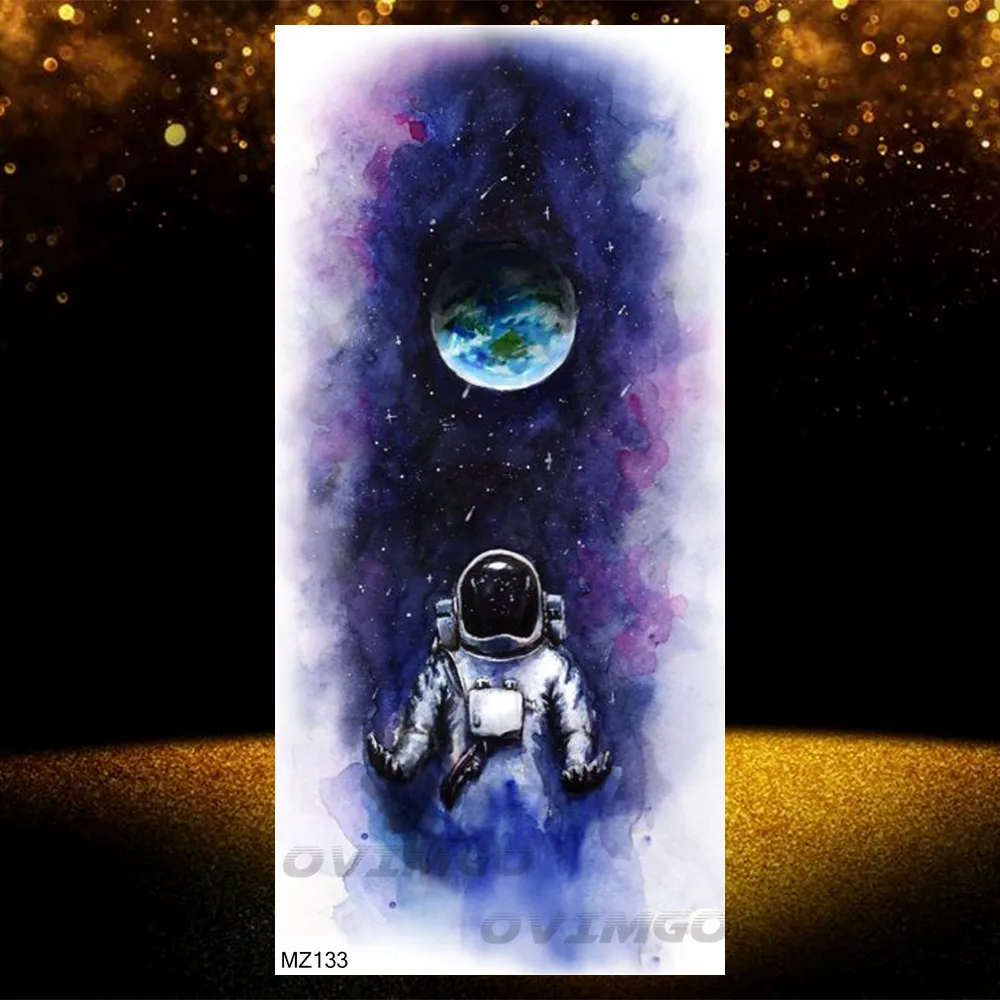 Blue Watercolor Galaxy Astronaut Temporary Tattoos Outer Space Man Body Art Fake Tattoos Stickers Forearm Planets Thinker Tatoos