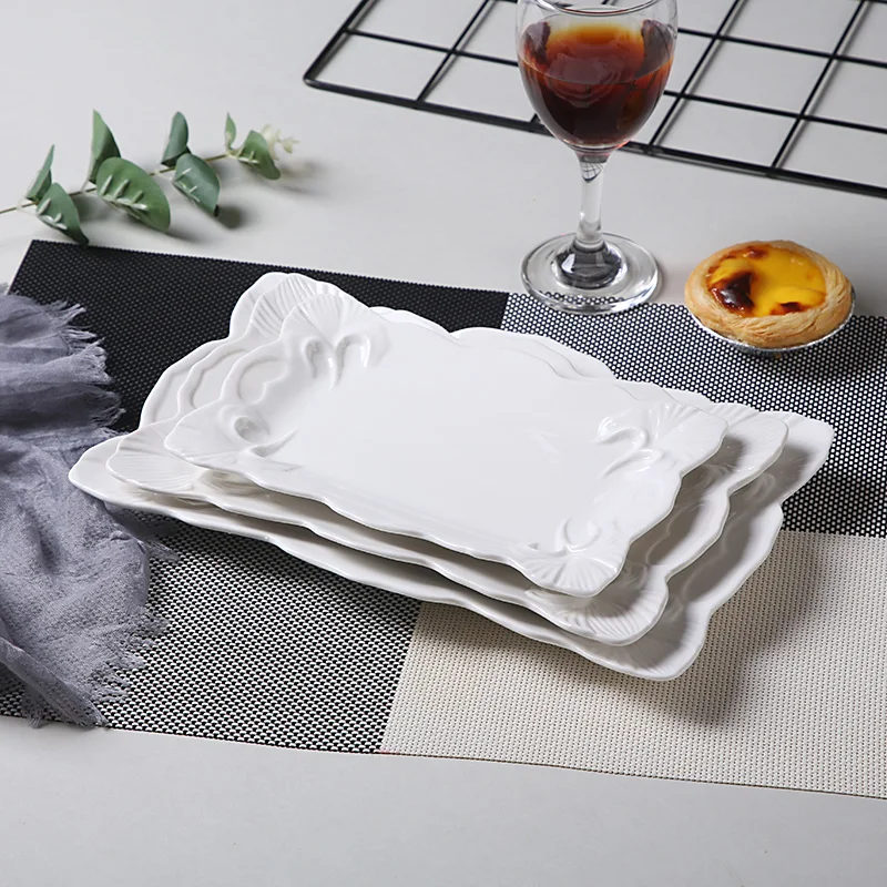 7'' 9'' 11'' Ginkgo Flower Stamped Ceramic Dinner Plate Rectangle Porcelain Gourmet Serving Tray Banquet Tableware Main Course