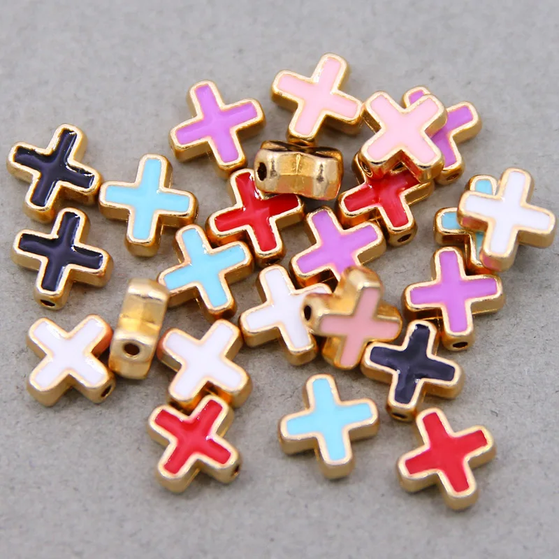 10pcs 10mm Colored Enamel  Beads Cross Beads Handmade Fit For charm Jewelry Making  Cross Spacer Beads Accessories