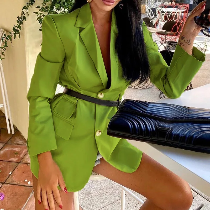 Fluorescent Green Office Lady Fashion Blazer Autumn Winter Long Sleeve Single Breasted Business Suit Streetwear Hipster Famale